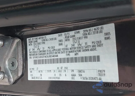 2016 Ford Escape Se from USA, damaged, VIN 1FMCU0G74GUB34044